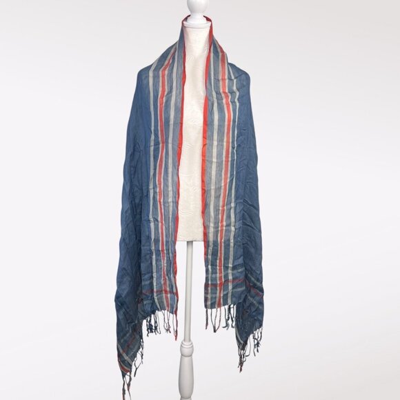 Vintage Blue Orange White Striped Fringe Scarf Rectangle Wrap Shawl - Picture 1 of 8